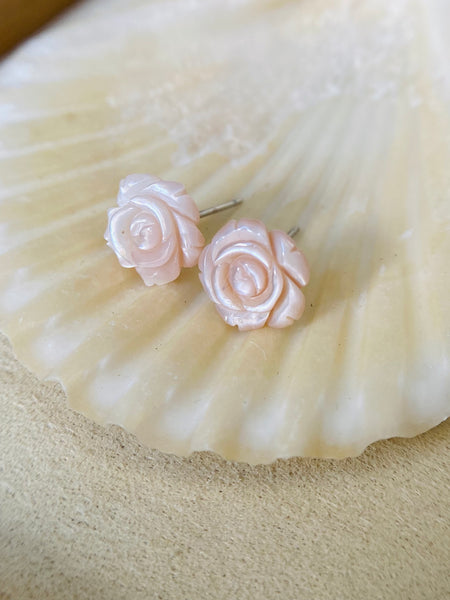 珍珠貝母粉紅玫瑰花耳環